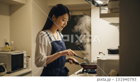 エプロンをつけてキッチンで夕食を作る女性 131940793