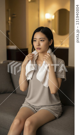 お風呂上がり、部屋着でソファに座りくつろぐ女性 131940804