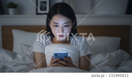 部屋着でベッドに寝転がりスマホを操作する女性 131940811