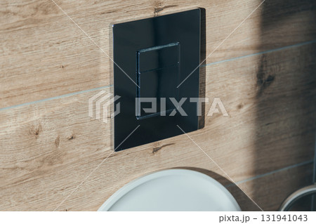 Close-up of a chrome dual flush button on a wall with wood-grain tiles Close-up of a chrome dual flush button on a wall with wood-grain tiles 131941043