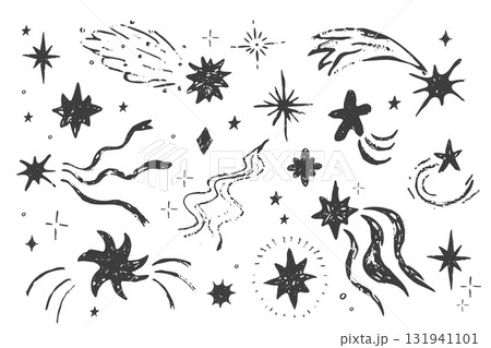 Star set spark crayon bling falling stars textured hand drawn sketch. Simple chalk festive shiny space elements, festive lights Star set spark crayon bling falling stars textured hand drawn sketch. Simple chalk festive shiny space elements, festive lights 131941101