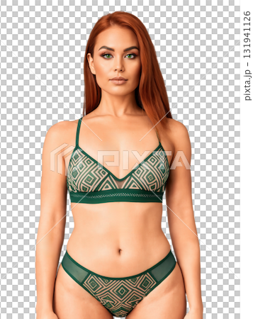 Native American woman with straight auburn hair, green eyes, athletic body type, wearing a mesh bra and thong with bold 131941126