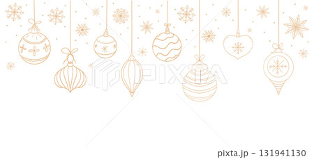 Hanging balls, baubles golden line winter decoration, border sketchy drawing. Gold snowflakes, christmas ornaments hanging elements. 131941130