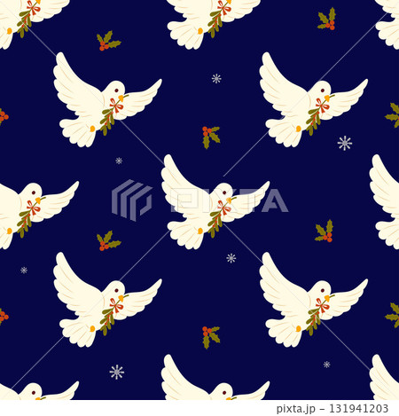 Christmas Dove Seamless pattern. Peaceful Flying white Bird with holly leaves and berries on Dark Blue Background. New Year Ornament Template with Holiday Symbol. Vector illustration. Not AI Christmas Dove Seamless pattern. Peaceful Flying white Bird with holly leaves and berries on Dark Blue Background. New Year Ornament Template with Holiday Symbol. Vector illustration. Not AI 131941203