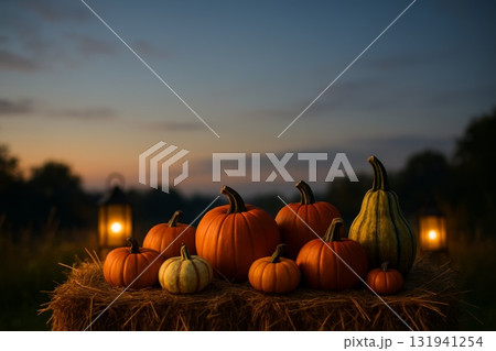 Autumn pumpkins on hay with lantern at sunset, perfect for fall or Halloween seasonal themes. 131941254