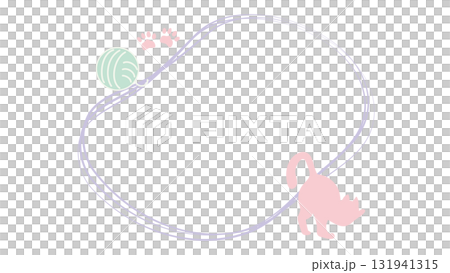 可愛的背景框架插圖，以一隻貓、爪印和一團在柔和的線條框架中伸展開來 131941315