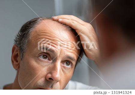 Worried man checking hair loss in mirror 131941324