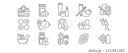 Pharmacy line icon set. Drug store building, prescription bottle, pill, medical equipment, beauty cosmetics, first aid minimal vector illustration. Outline signs for healthcare. Editable Stroke. Pharmacy line icon set. Drug store building, prescription bottle, pill, medical equipment, beauty cosmetics, first aid minimal vector illustration. Outline signs for healthcare. Editable Stroke. 131941365