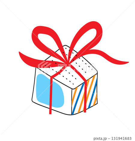 Colorful wrapped gift box with red ribbon and bow. Decorated with abstract blue shapes and diagonal orange and blue stripes. Holiday present concept. Flat vector illustration Colorful wrapped gift box with red ribbon and bow. Decorated with abstract blue shapes and diagonal orange and blue stripes. Holiday present concept. Flat vector illustration 131941683