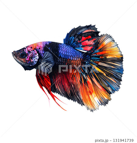 Striking watercolor illustration of a black Betta fish with vibrant blue, pink, orange, and red flowing fins. Pet. Striking watercolor illustration of a black Betta fish with vibrant blue, pink, orange, and red flowing fins. Pet. 131941739