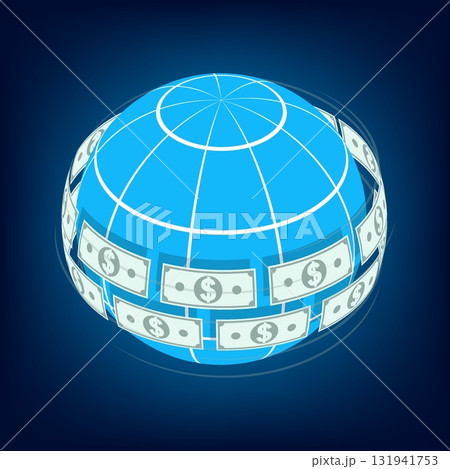Isometric international American dollar system. Concept of free money exchange and accessible foreign exchange market for international loans. 3D vector on blue background top view at an angle Isometric international American dollar system. Concept of free money exchange and accessible foreign exchange market for international loans. 3D vector on blue background top view at an angle 131941753