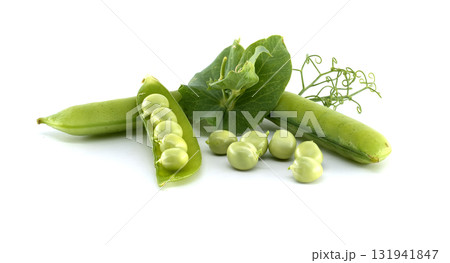 Fresh green peas, open pod, leaves and peas on a white background. 131941847