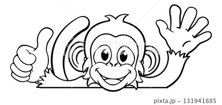 Monkey Cartoon Animal Behind Sign Thumbs Up Waving 131941885