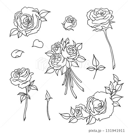 薔薇の白黒線画イラストセット 131941911