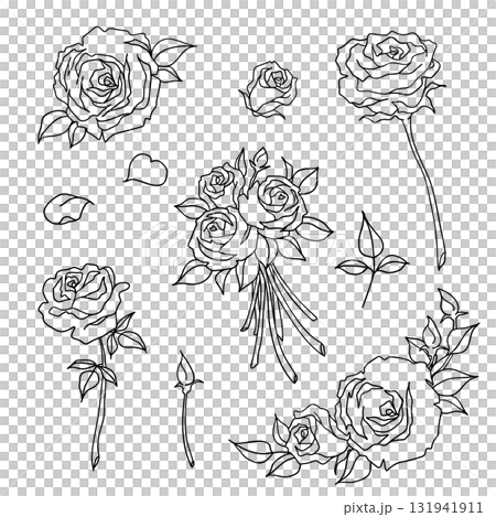 薔薇の白黒線画イラストセット 131941911