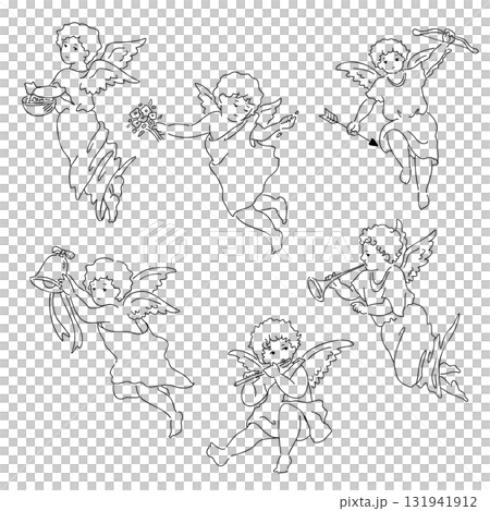 可愛的天使線條畫插圖 6 件套 131941912