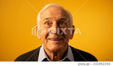 Happy senior man with a surprised and joyful expression. Close-up portrait of an elderly grandfather looking up and smiling, isolated on a vibrant yellow background 131942250