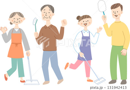 掃除道具を持った元気なポーズの人々 131942413
