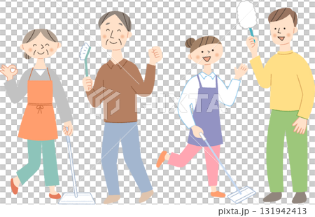 掃除道具を持った元気なポーズの人々 131942413