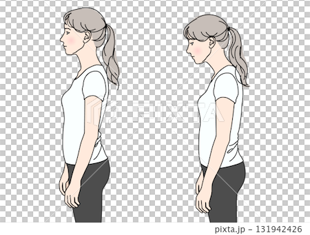 正しい姿勢で立つ女性と猫背の女性のイラスト 上半身横向き カラー 131942426