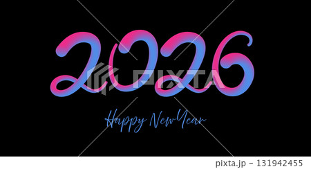 2026 New Year background. Neon gradient pink blue numbers in elegant script on black background, minimal holiday card, celebration banner with modern typography style. Vector design 2026 New Year background. Neon gradient pink blue numbers in elegant script on black background, minimal holiday card, celebration banner with modern typography style. Vector design 131942455