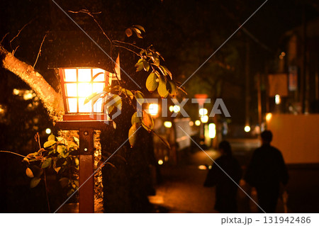 城崎温泉　二人寄添う 湯への灯りに包まれた夜の街並み 131942486