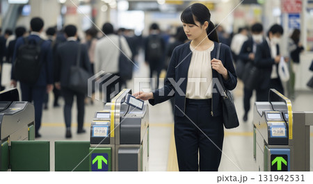 ICカードで改札を通る女性ビジネスパーソン 131942531