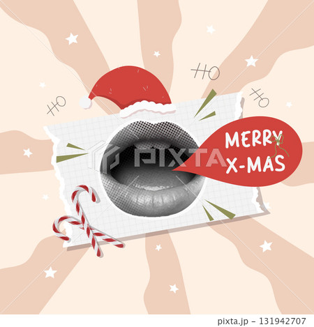 Festive messaging with Merry X-mas lips and decorative elements. Vector illustration Festive messaging with Merry X-mas lips and decorative elements. Vector illustration 131942707