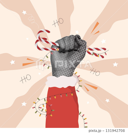 Holiday spirit depicted with a festive hand gesture and candy canes. Vector illustration 131942708