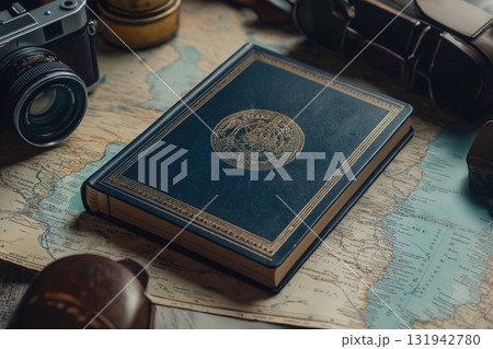 Customizable travel book cover mockup placed on a table next to vintage travel accessories and a map, perfect for showcasing travel related designs Customizable travel book cover mockup placed on a table next to vintage travel accessories and a map, perfect for showcasing travel related designs 131942780