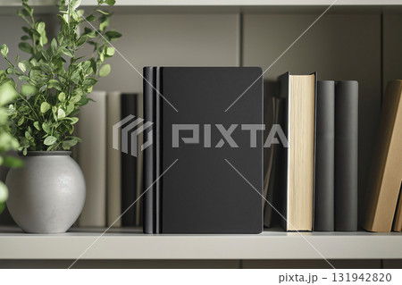 Black customizable softcover book mockup displayed standing on a white bookshelf between other books and a plant, perfect for showcasing your design Black customizable softcover book mockup displayed standing on a white bookshelf between other books and a plant, perfect for showcasing your design 131942820