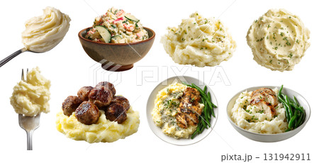 Set of mash mashed potato creamy fluffy potatoes, bowl fork spoon, with meatball chicken beans vegetable garnish toppings, salad, on transparent cutout PNG. Many different style. Mockup for design	 131942911