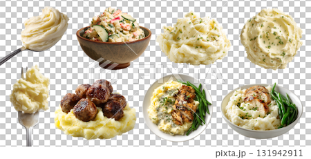 Set of mash mashed potato creamy fluffy potatoes, bowl fork spoon, with meatball chicken beans vegetable garnish toppings, salad, on transparent cutout PNG. Many different style. Mockup for design	 131942911