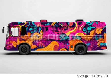 Music festival bus wrap mockup showcasing vibrant and colorful artwork, perfect for promoting events and transportation services 131942991