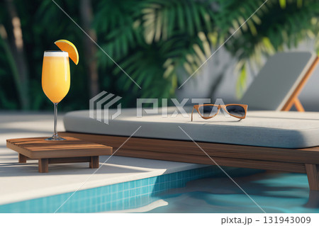 Orange cocktail and sunglasses resting on a poolside lounger in a tropical resort setting 131943009