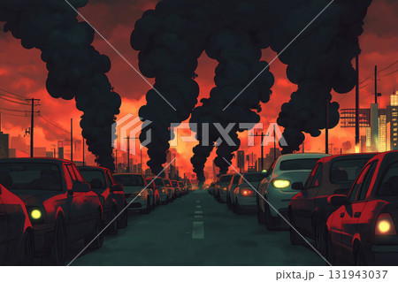 Illustration of cars stuck in a traffic jam and generating a lot of pollution at sunset Illustration of cars stuck in a traffic jam and generating a lot of pollution at sunset 131943037
