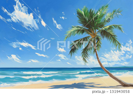Illustration of a pristine beach scene with a lone palm tree swaying in the breeze, evoking a sense of tranquility and escape 131943058