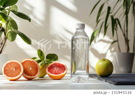 Refreshing scene featuring a water bottle surrounded by grapefruit and green apple slices, promoting hydration and a healthy lifestyle Refreshing scene featuring a water bottle surrounded by grapefruit and green apple slices, promoting hydration and a healthy lifestyle 131943116