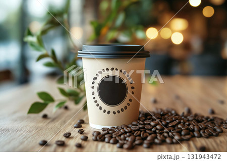 Customizable disposable coffee cup mockup with coffee beans on a wooden table in a cafe setting, ideal for showcasing branding designs Customizable disposable coffee cup mockup with coffee beans on a wooden table in a cafe setting, ideal for showcasing branding designs 131943472