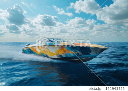 Speedboat with colorful livery speeding on the ocean on a sunny day with some clouds Speedboat with colorful livery speeding on the ocean on a sunny day with some clouds 131943523