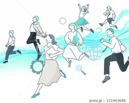 スタートアップのイメージイラストージャンプするビジネスパーソンーカジュアル服ー白バックイラスト素材 131943686