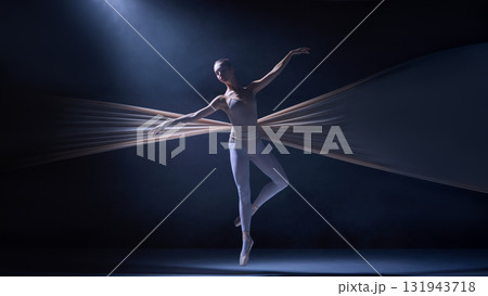 Ballet dancer poised midair entangled in fabric wings illuminated by soft light Ballet dancer poised midair entangled in fabric wings illuminated by soft light 131943718