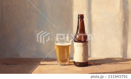 温かな光に照らされたビールの瓶とグラス油彩風アート 131943791