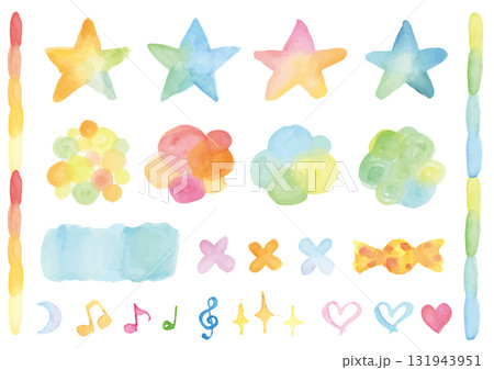 カラフルな水彩の星とかわいいあしらいセット カラフルな水彩の星とかわいいあしらいセット 131943951
