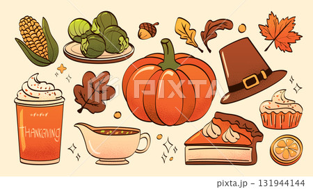 Thanksgiving dinner elements with pumpkin pie Thanksgiving dinner elements with pumpkin pie 131944144