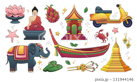 Thailand culture icons with Buddha statue Thailand culture icons with Buddha statue 131944146
