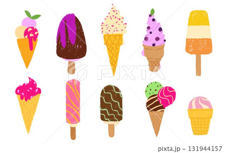 Hand drawn ice cream desserts with crayon texture 131944157