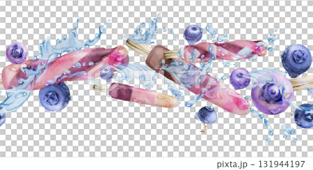 Fruit popsicle ice lolly surrounded by ripe berries, water splashes and drops. Isolated seamless banner border header hand drawn in watercolor. Frozen dessert branding, natural flavor tag, cafe decor. 131944197