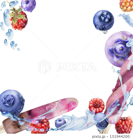 Melting fruit ice cream pop with splash, berry swirl, raspberry blueberry water drops hand drawn in watercolor. Isolated square border frame. Flavor pairing card, sweet product insert, natural brand. Melting fruit ice cream pop with splash, berry swirl, raspberry blueberry water drops hand drawn in watercolor. Isolated square border frame. Flavor pairing card, sweet product insert, natural brand. 131944200