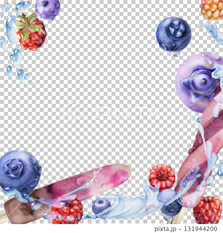 Melting fruit ice cream pop with splash, berry swirl, raspberry blueberry water drops hand drawn in watercolor. Isolated square border frame. Flavor pairing card, sweet product insert, natural brand. Melting fruit ice cream pop with splash, berry swirl, raspberry blueberry water drops hand drawn in watercolor. Isolated square border frame. Flavor pairing card, sweet product insert, natural brand. 131944200
